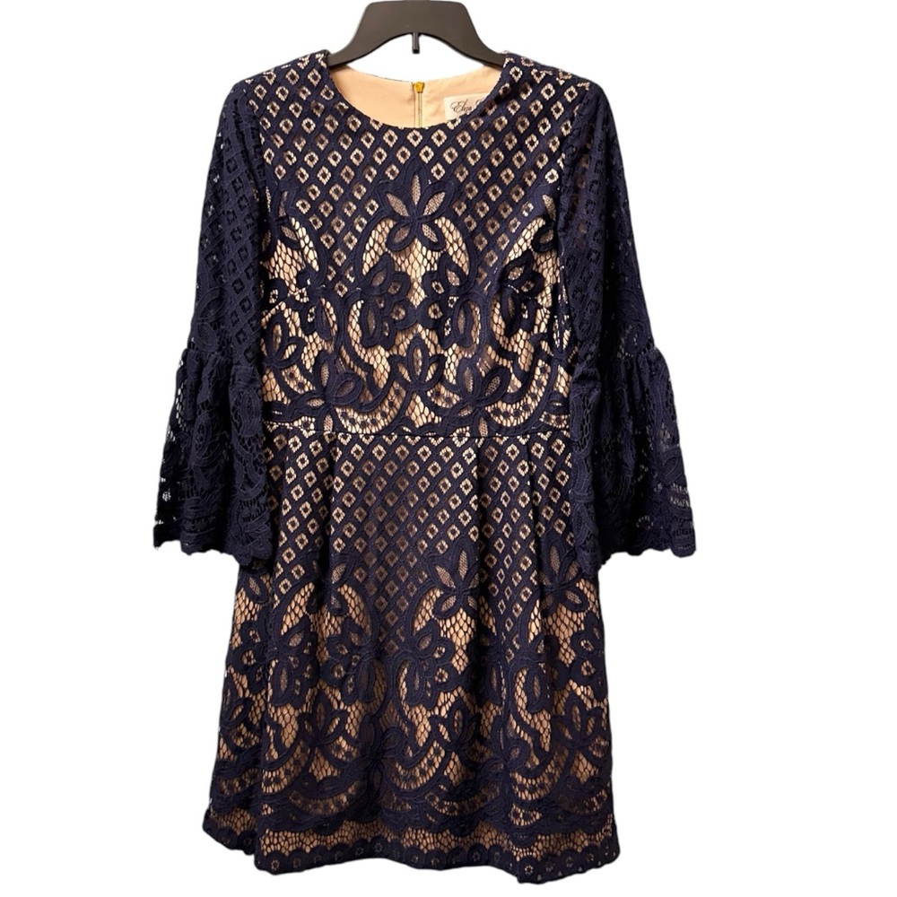 Eliza J Lace Dress Navy Blue Nude Lining A-Line Flare Sleeves Women’s Size 6